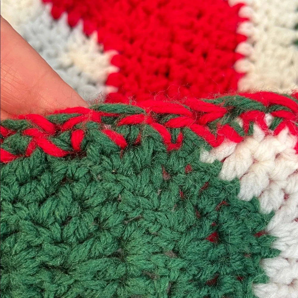 Festive handmade crochet Throw Blanket - Red, Green, and White. Size 41” x 36”